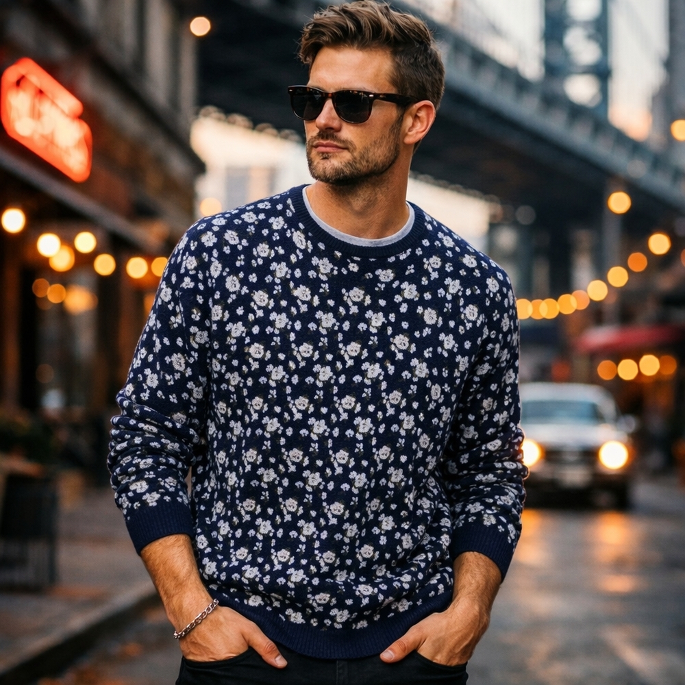 Simons Stretchy Floral Print Sweater Men’s Crew Neck Casual Knit Pullover